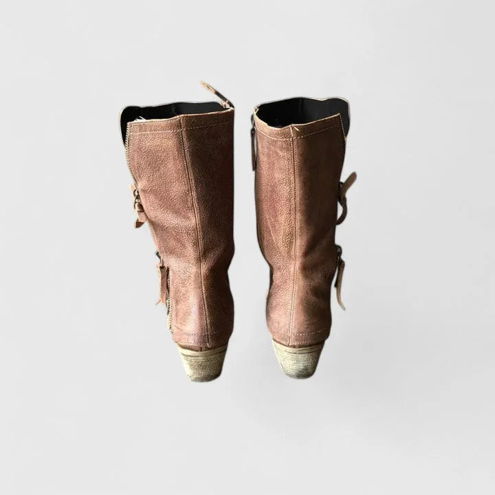 Women's suede side zip orthopedic heeled boots with decorative zippers