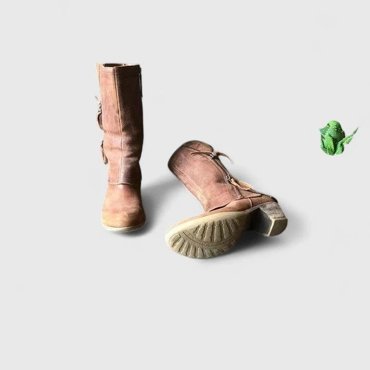 Women's suede side zip orthopedic heeled boots with decorative zippers