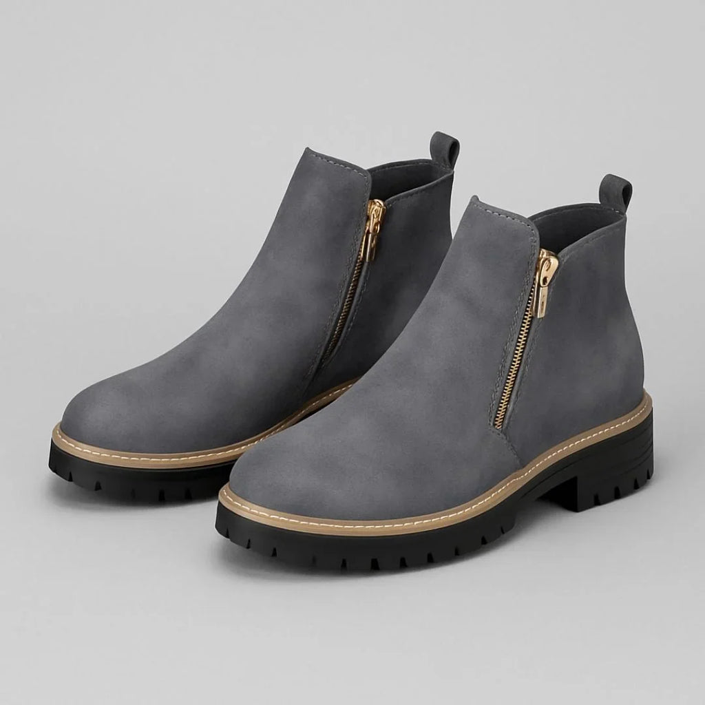 Women's suede side zip orthopedic ankle boots with block heel and gold zipper