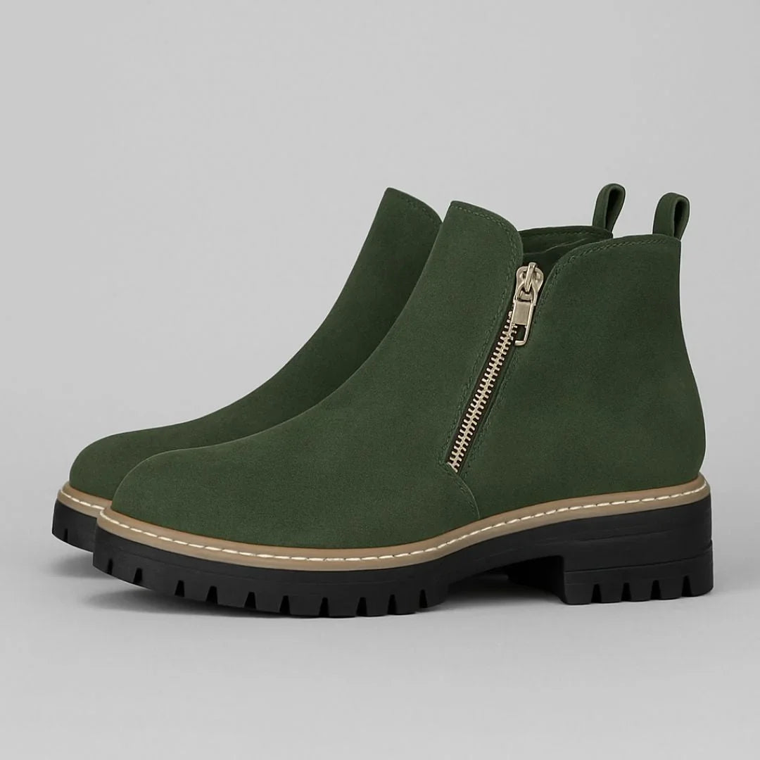Women's suede side zip orthopedic ankle boots with block heel and gold zipper