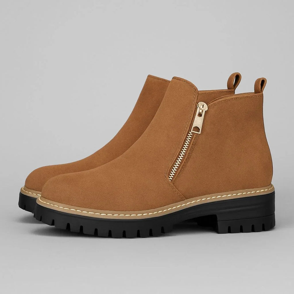 Women's suede side zip orthopedic ankle boots with block heel and gold zipper