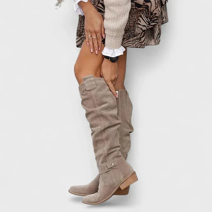 Women's suede side zip orthopedic knee high boots with perforated texture