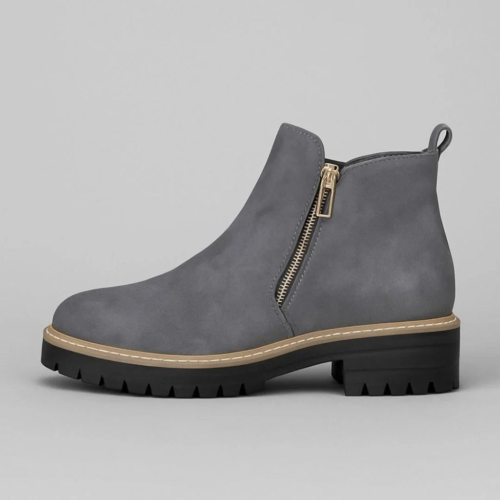 Women's suede side zip orthopedic ankle boots with block heel and gold zipper