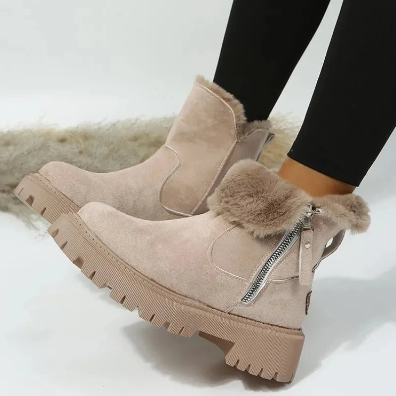 Women's suede side zip orthopedic ankle boots with faux fur trim and platform sole
