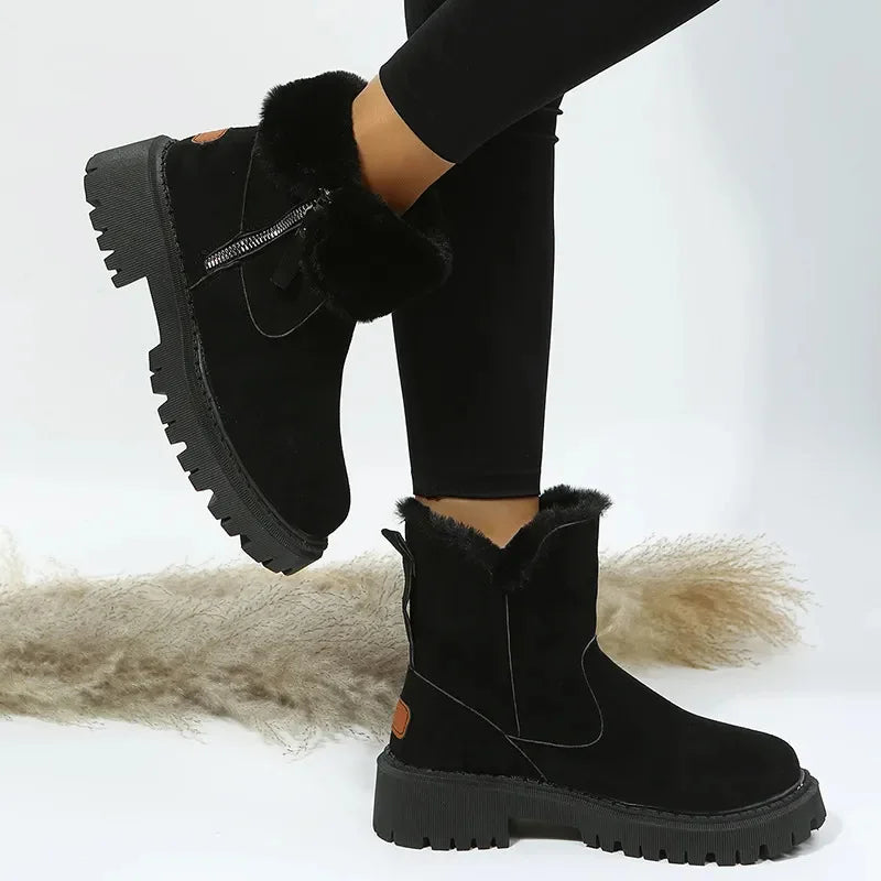Women's suede side zip orthopedic ankle boots with faux fur trim and platform sole