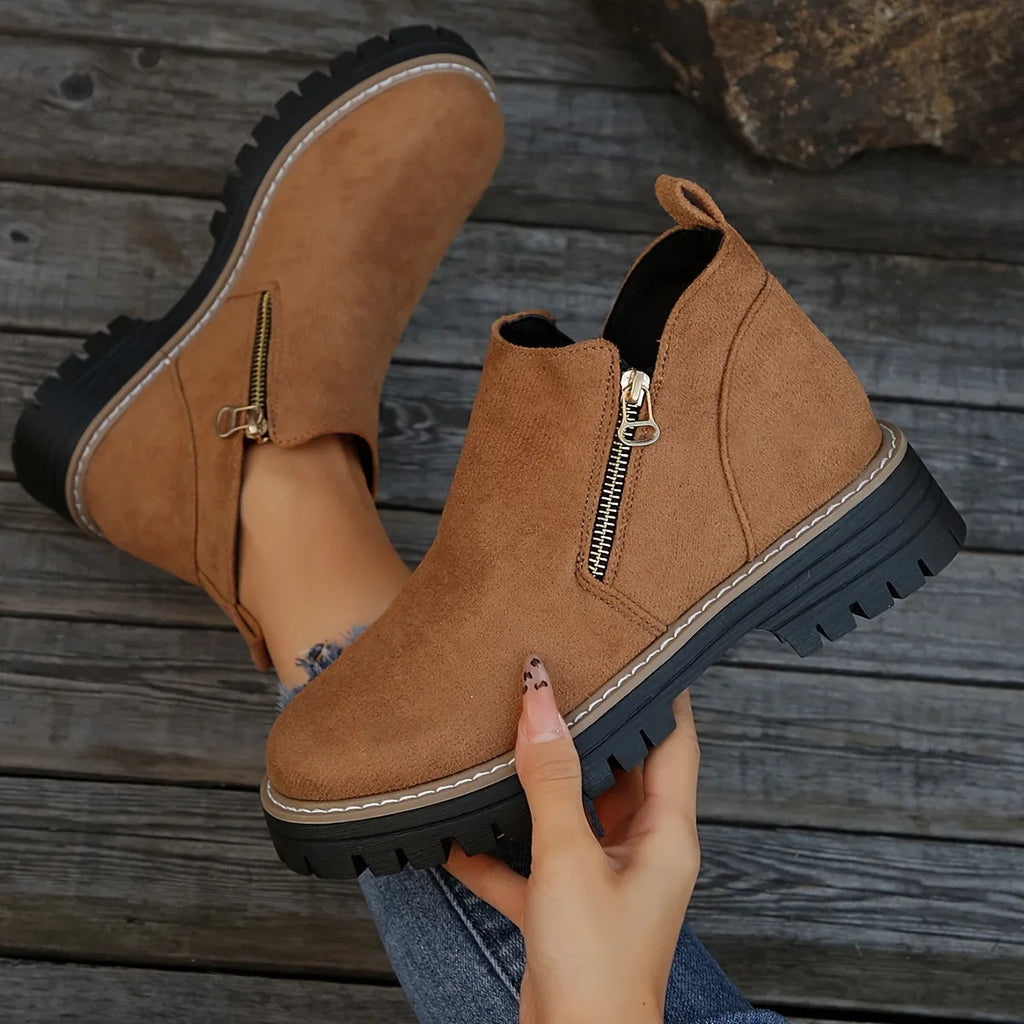 Women's suede side zip orthopedic ankle boots with chunky lug sole