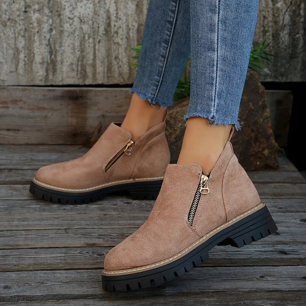 Women's suede side zip orthopedic ankle boots with chunky lug sole