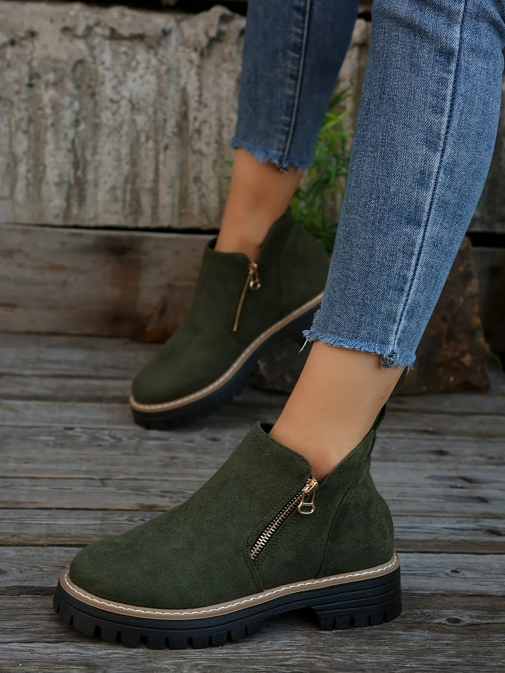 Women's suede side zip orthopedic ankle boots with chunky lug sole