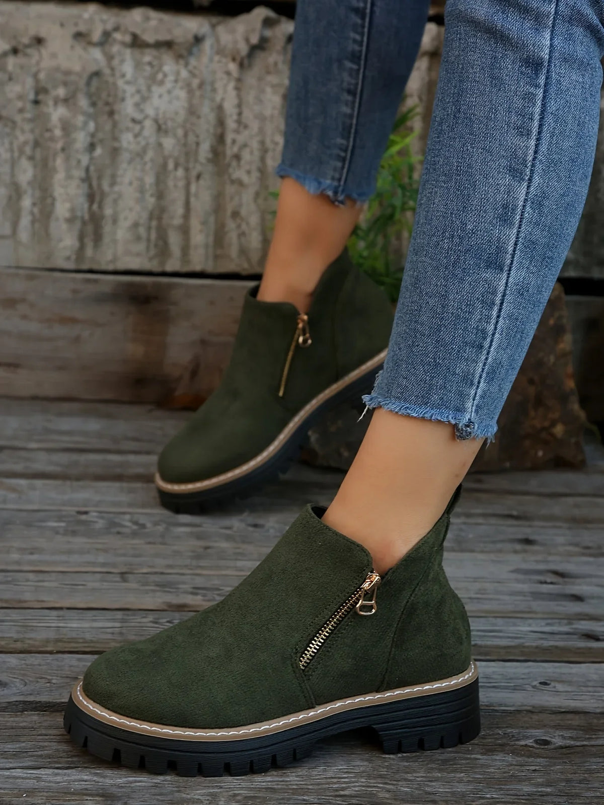 Women's suede side zip orthopedic ankle boots with chunky lug sole