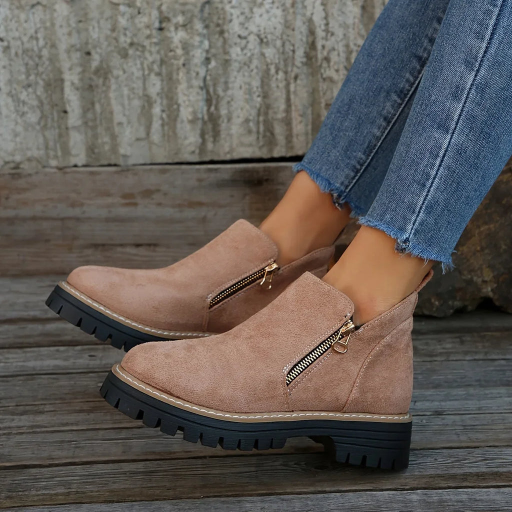 Women's suede side zip orthopedic ankle boots with chunky lug sole