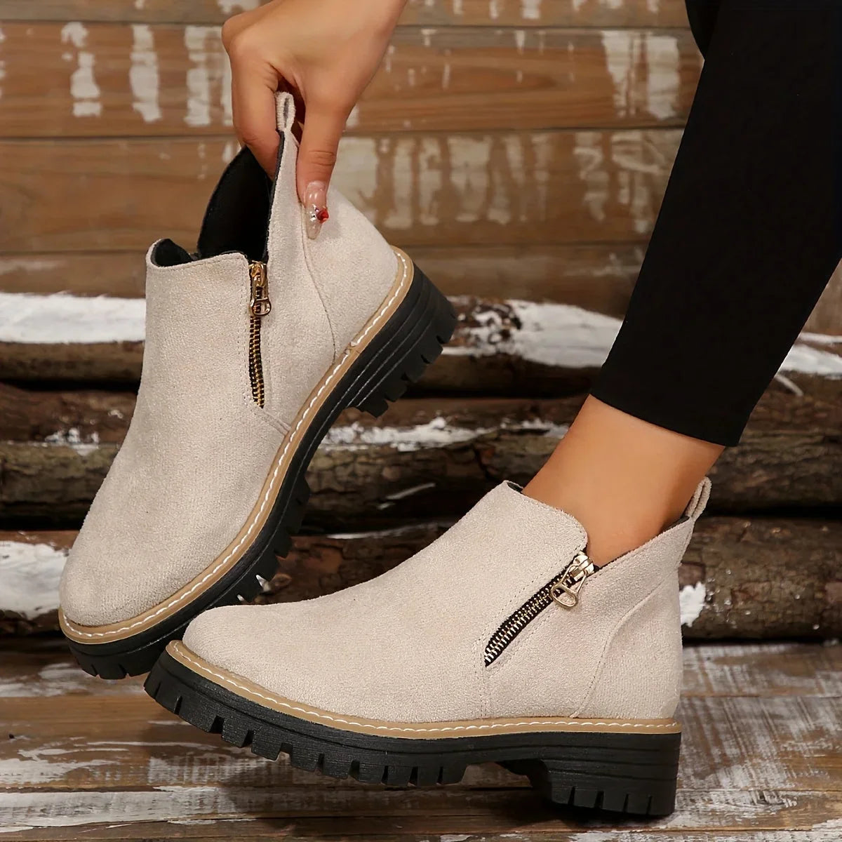 Women's suede side zip orthopedic ankle boots with chunky lug sole
