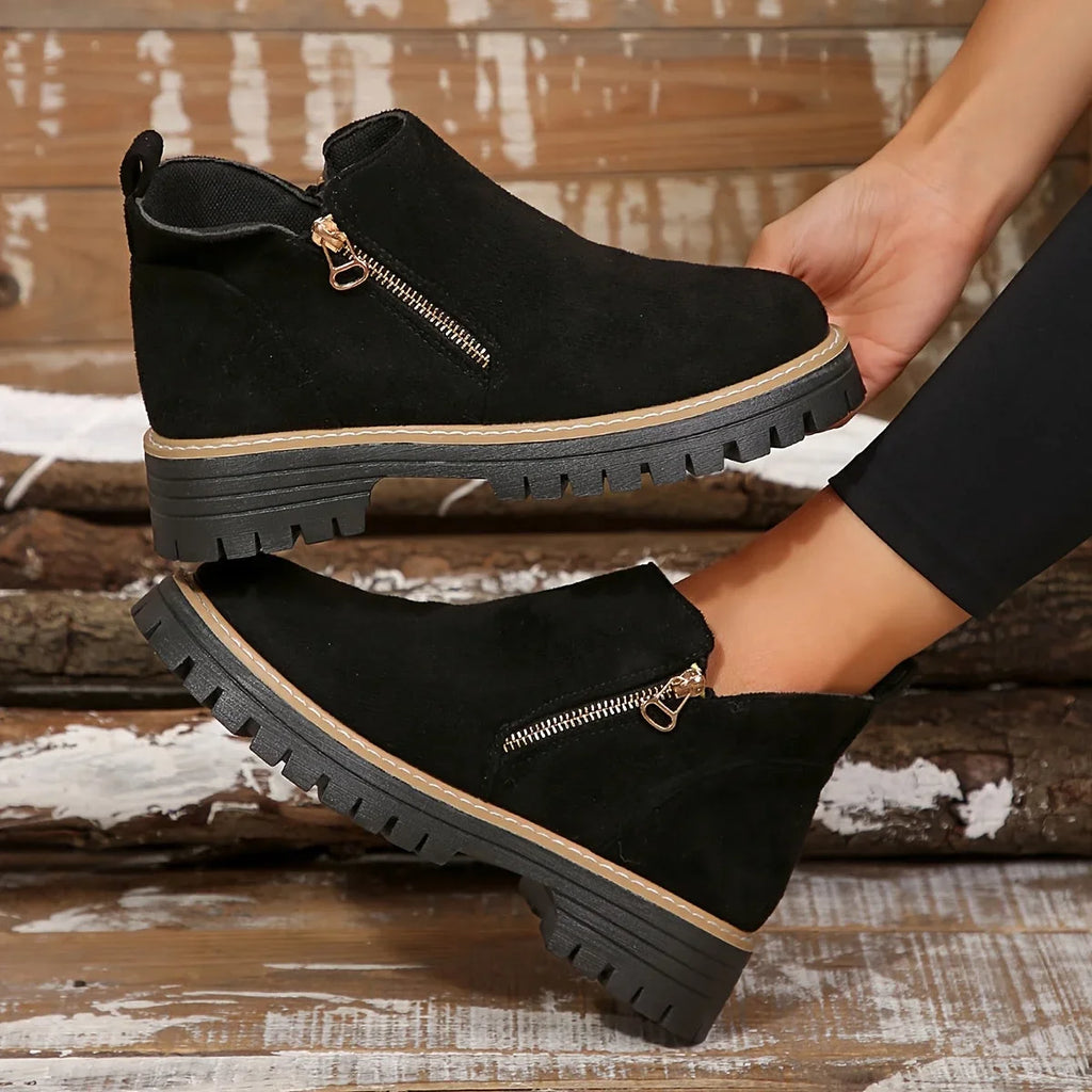 Women's suede side zip orthopedic ankle boots with chunky lug sole