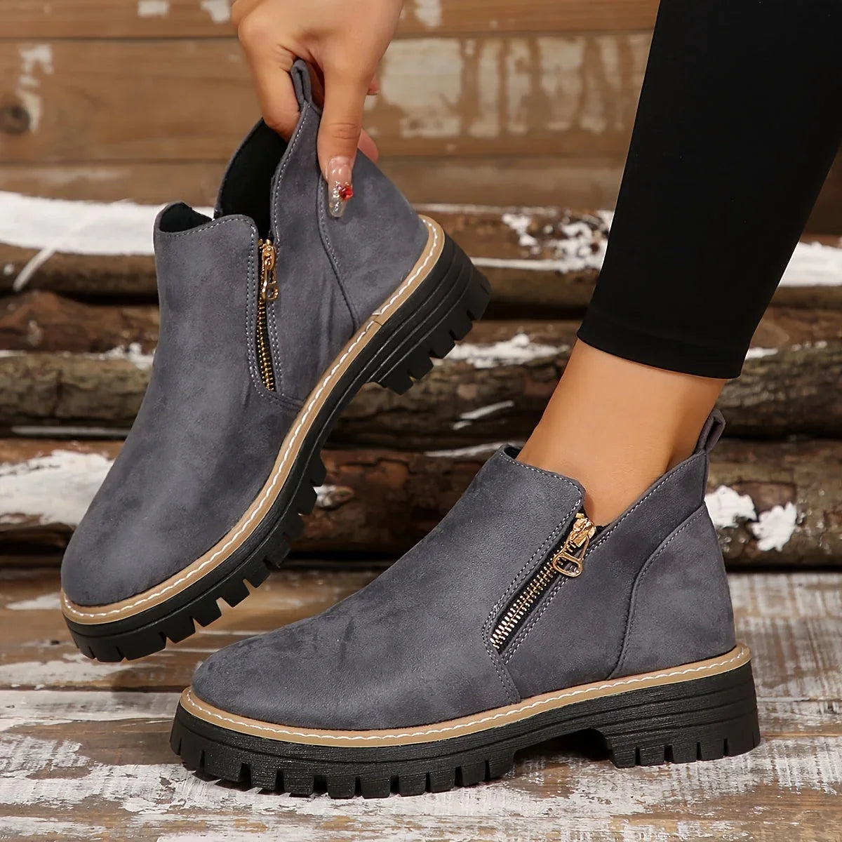 Women's suede side zip orthopedic ankle boots with chunky lug sole