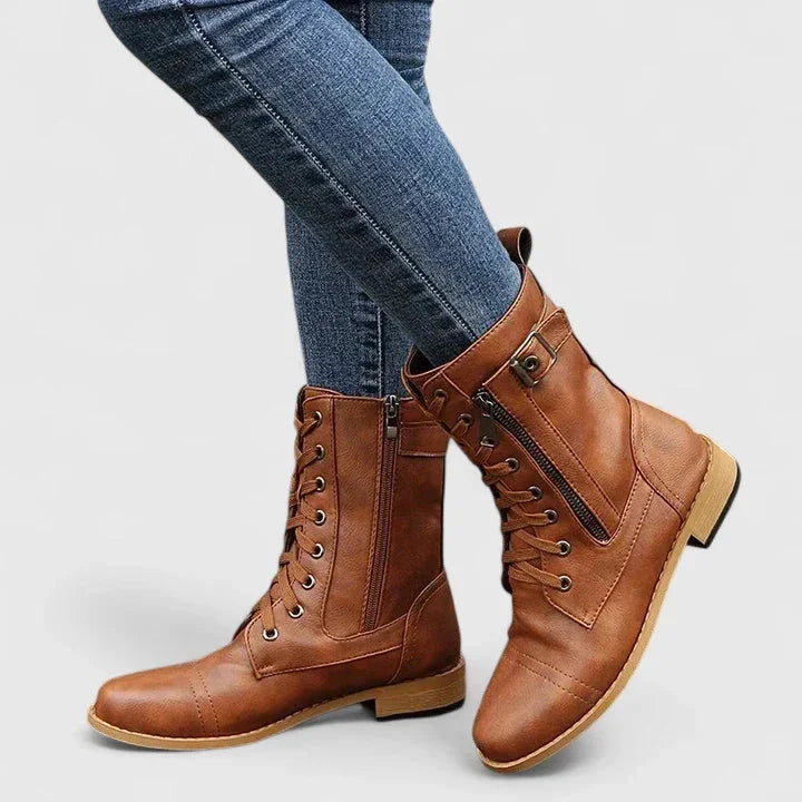 Women's faux leather lace-up orthopedic combat boots with side zip