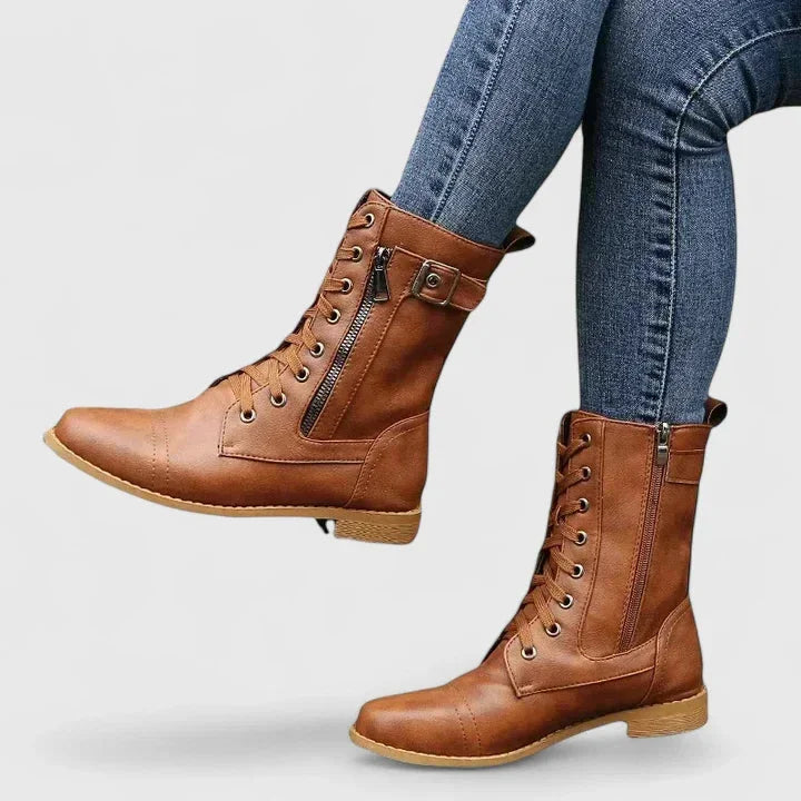 Women's faux leather lace-up orthopedic combat boots with side zip
