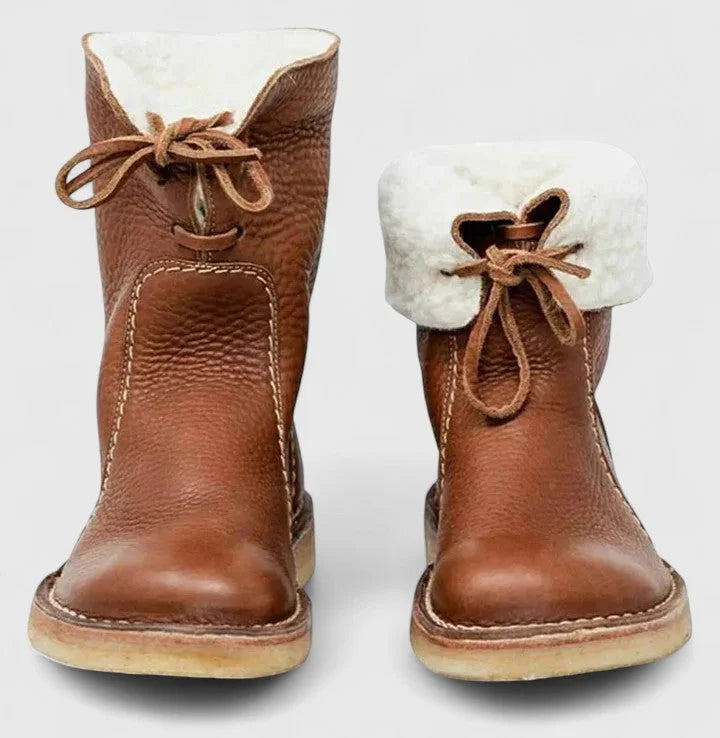 Women's faux leather lace-up orthopedic ankle boots with sherpa lining