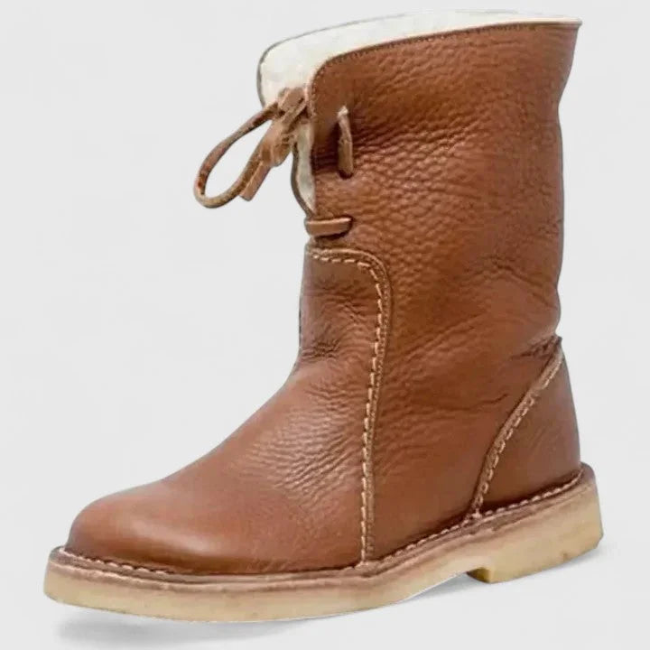 Women's faux leather lace-up orthopedic ankle boots with sherpa lining