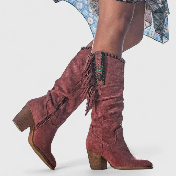 Women's suede side zip orthopedic knee high boots with fringe