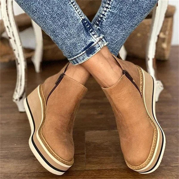 Women's striped suede side zip orthopedic waterproof ankle boots with wedge platform sole