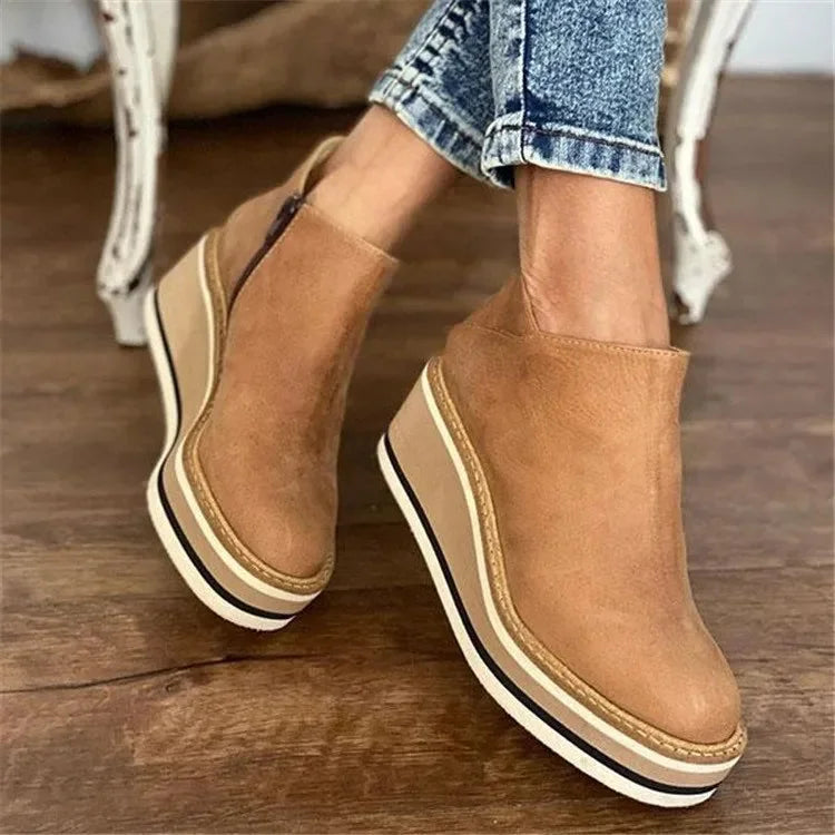 Women's striped suede side zip orthopedic waterproof ankle boots with wedge platform sole