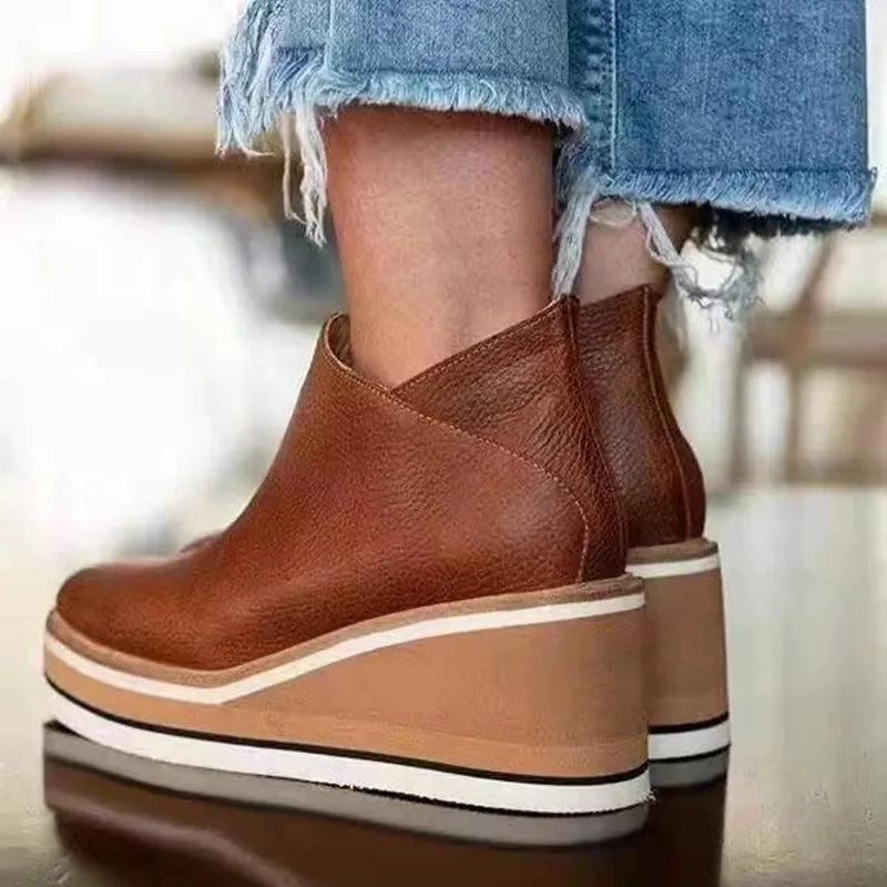 Women's striped suede side zip orthopedic waterproof ankle boots with wedge platform sole