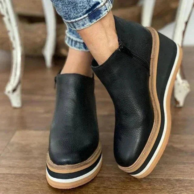 Women's striped suede side zip orthopedic waterproof ankle boots with wedge platform sole