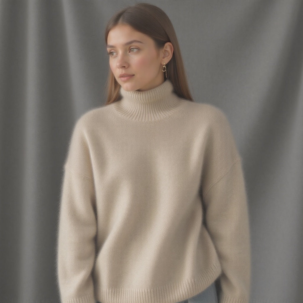 Women's Oversized Turtleneck Sweater, Ribbed Trim, Long Sleeves