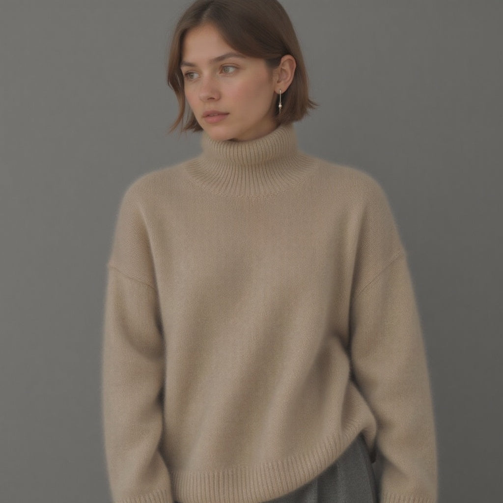 Women's Oversized Turtleneck Sweater, Ribbed Trim, Long Sleeves