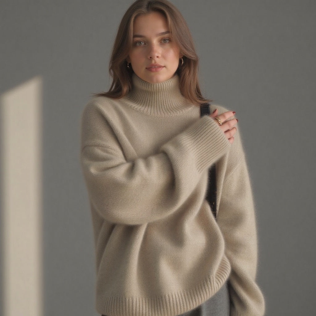 Women's Oversized Turtleneck Sweater, Ribbed Trim, Long Sleeves
