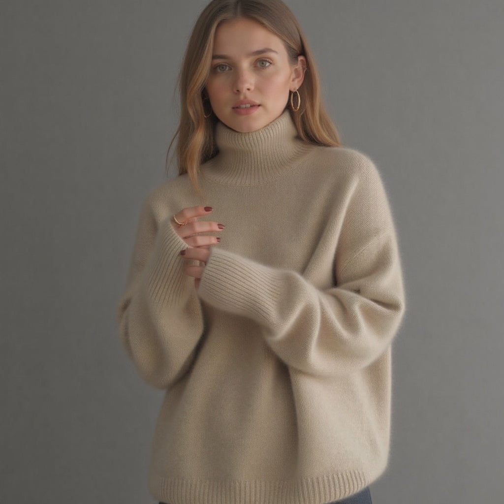 Women's Oversized Turtleneck Sweater, Ribbed Trim, Long Sleeves
