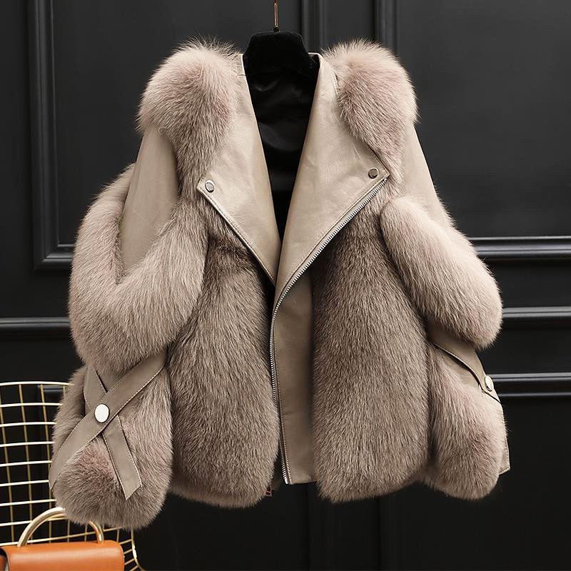 Evadne | Leather Oversized Jacket with Faux Fur Collar for Women