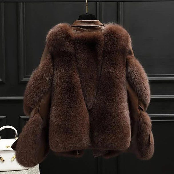 Evadne | Leather Oversized Jacket with Faux Fur Collar for Women
