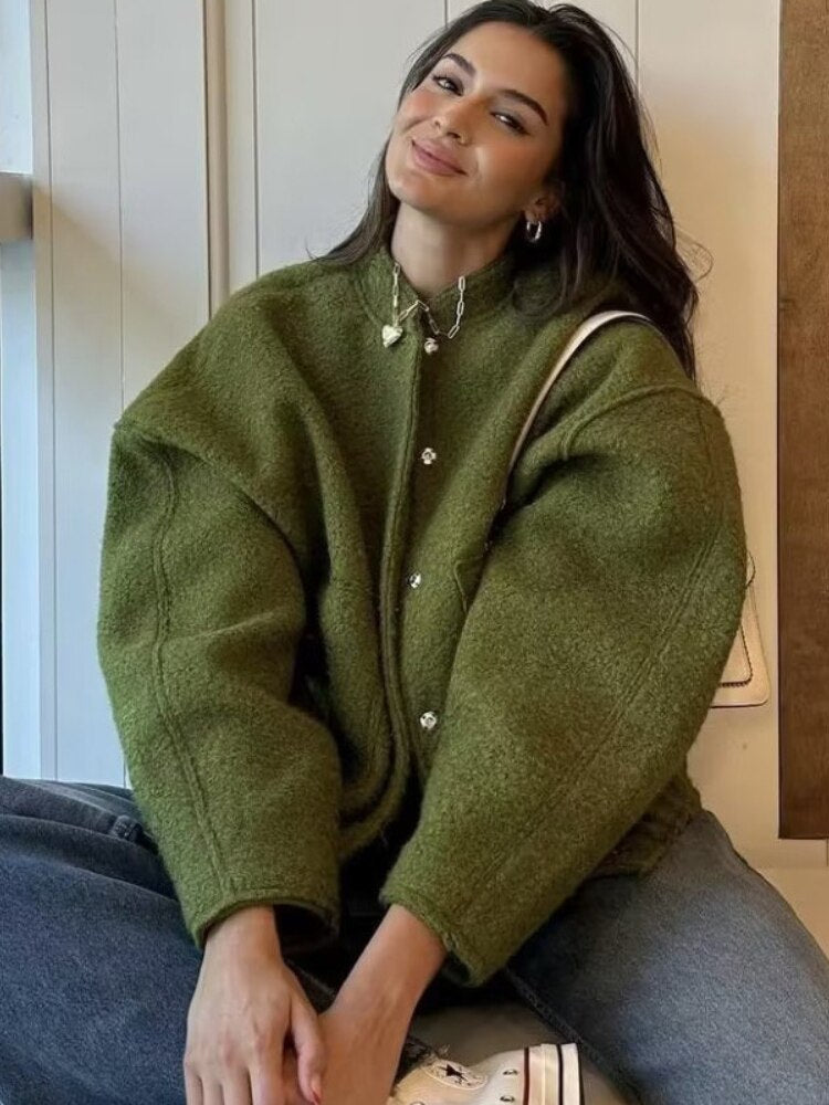 Women's Oversized Bomber Jacket with Round Neck and Pockets