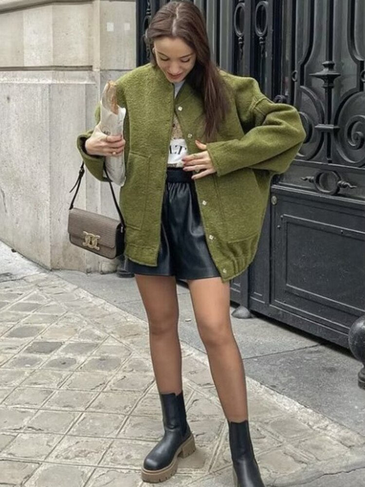 Women's Oversized Bomber Jacket with Round Neck