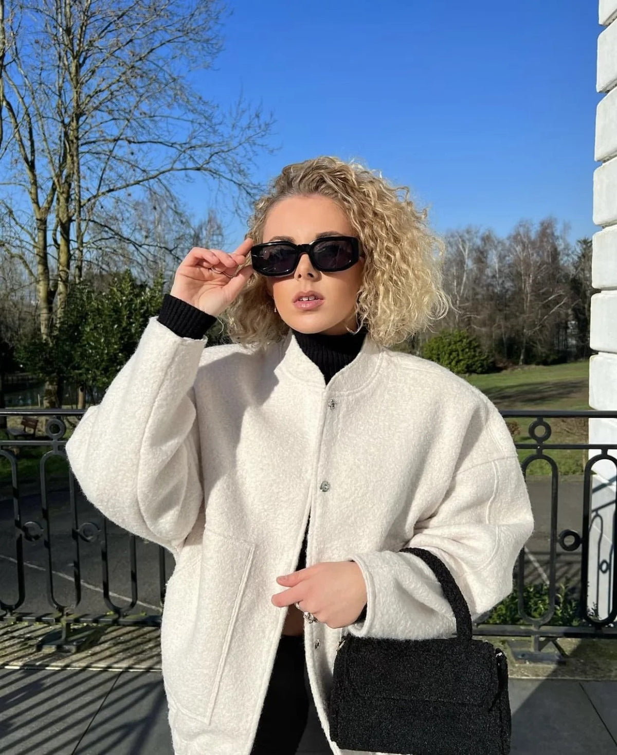 Women's Oversized Bomber Jacket with Round Neck and Pockets