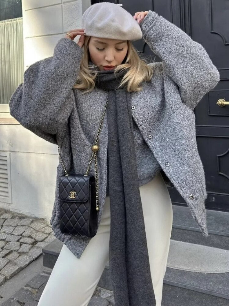 Women's Oversized Bomber Jacket with Round Neck