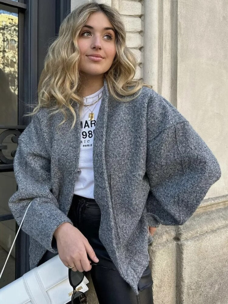 Women's Oversized Bomber Jacket with Round Neck and Pockets