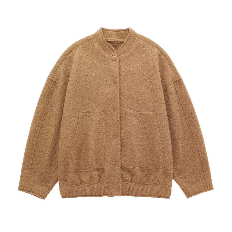 Women's Oversized Bomber Jacket with Round Neck and Pockets