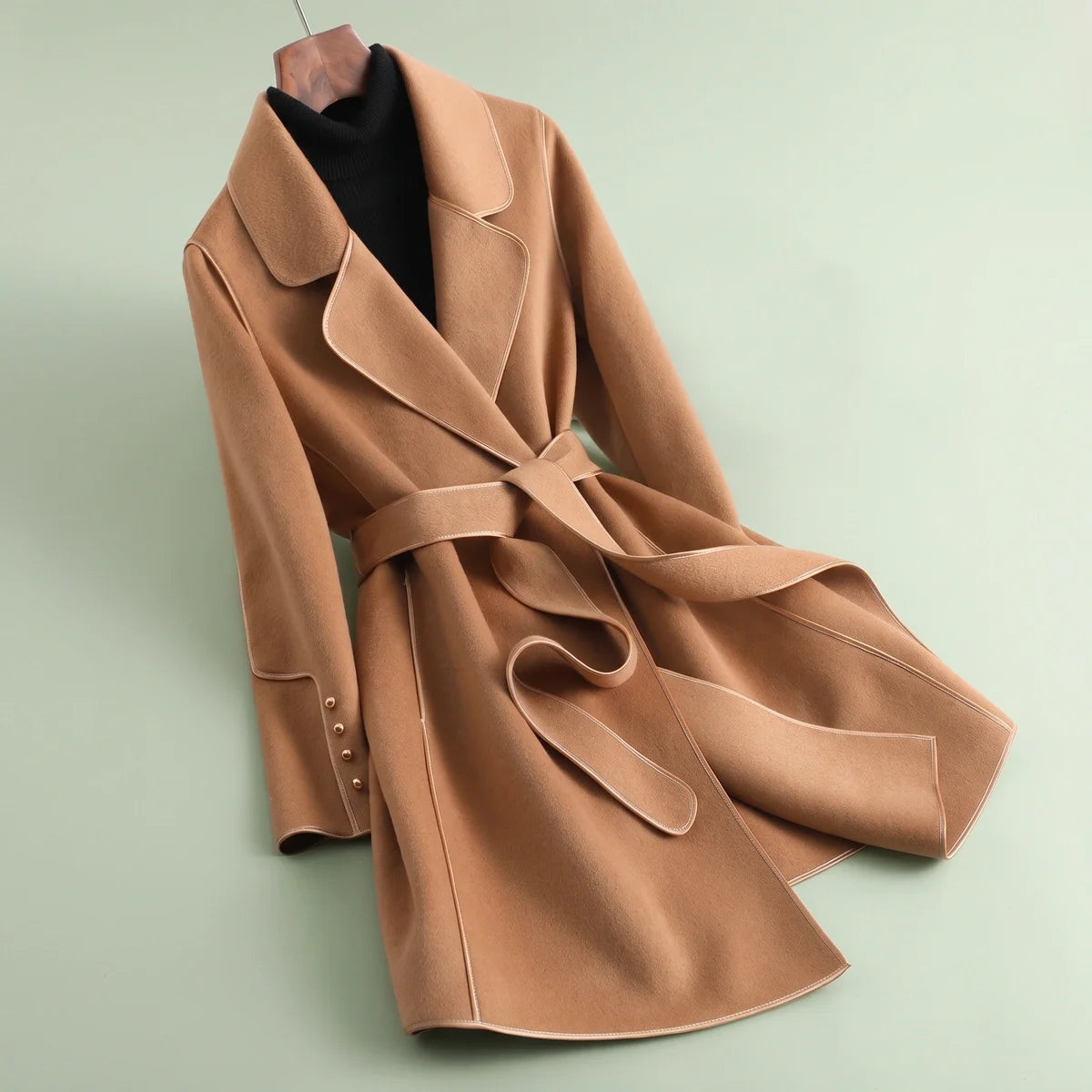 Paulette Piped Edge Belted Wool Blend Wrap Coat