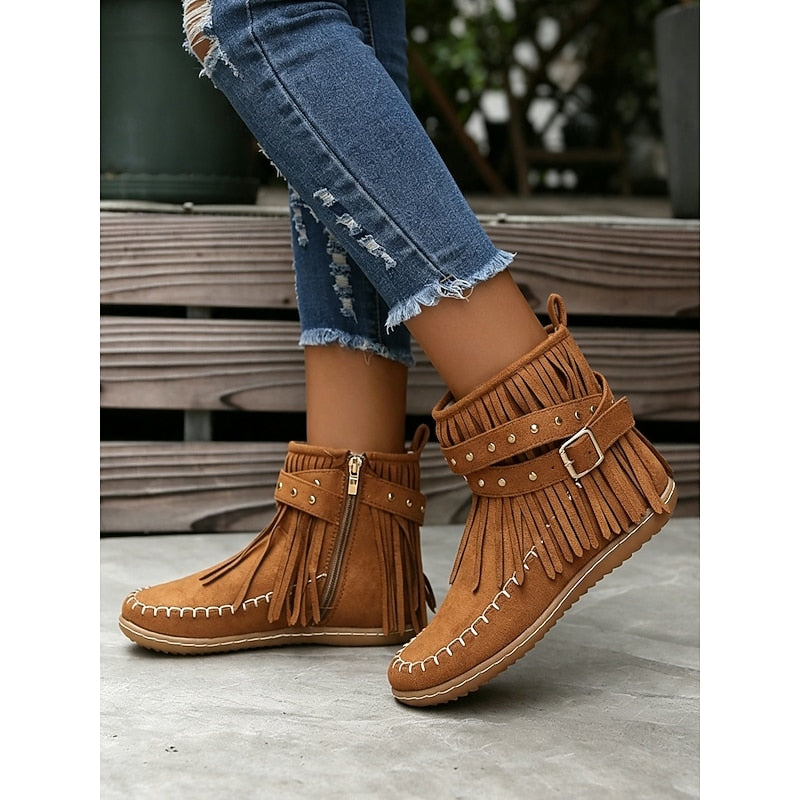 Women's Fringe Ankle Boots with Buckle Strap Zip