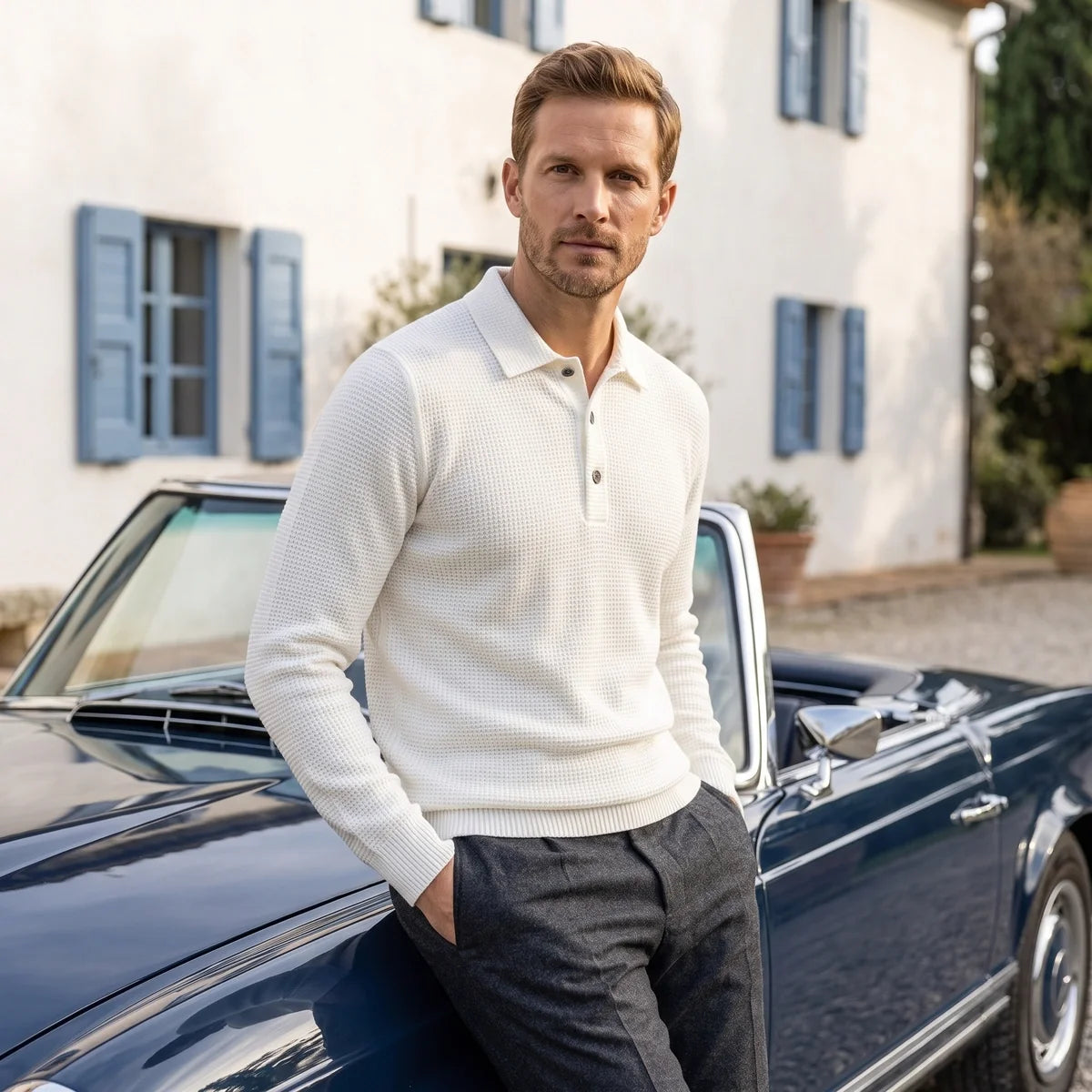 Piers Textured Knit Long Sleeve Polo Sweater