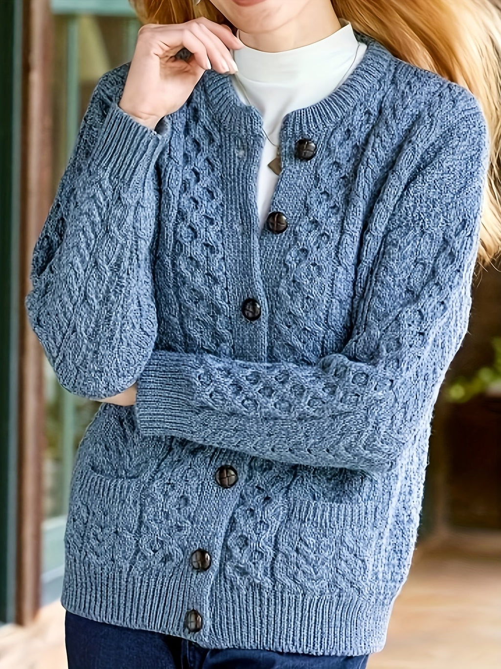 Women's Cable Knit Cardigan with Button Front and Pockets