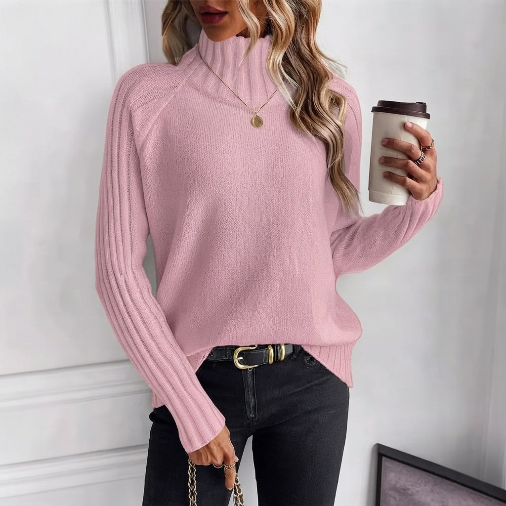 Women's Turtleneck Sweater Ribbed Sleeves Relaxed Fit