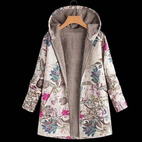 Women's floral zip-up hooded parka with sherpa fleece lining