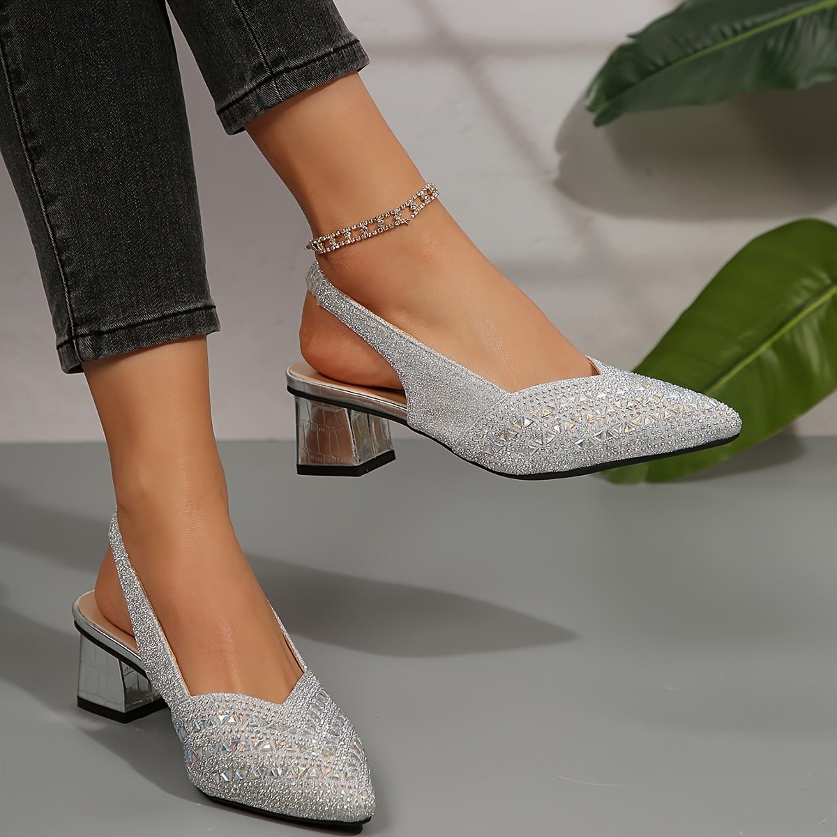 Pulcheria | Glitter Block Heel Shoes with Pointed Toe for Women