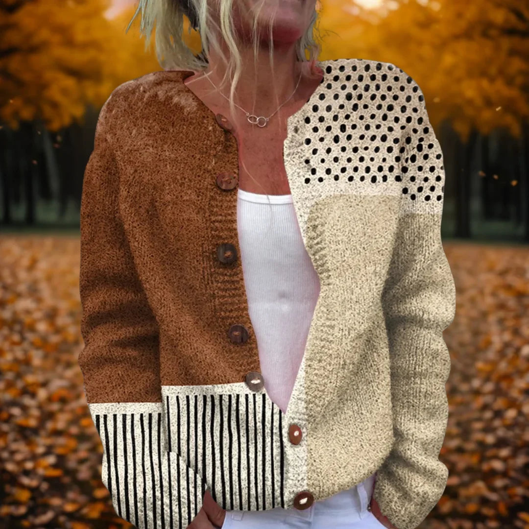 Women's colorblock knit button-front cardigan in brown