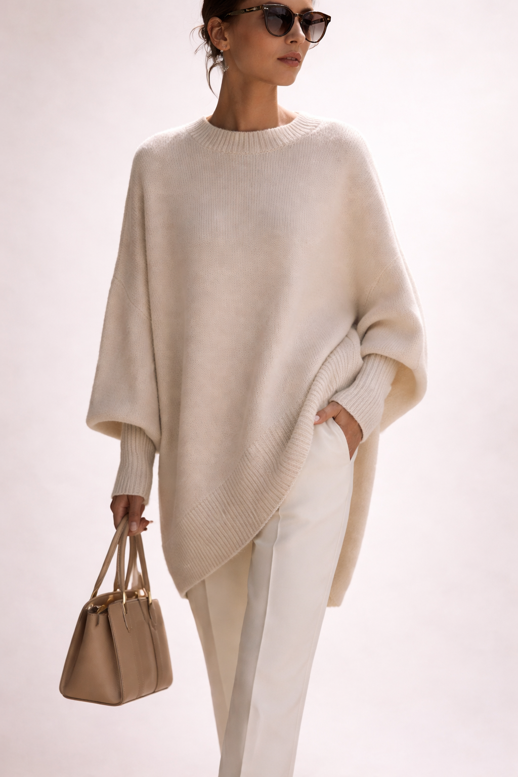 Women's Oversized Poncho Sweater, Crew Neck, Long Sleeves