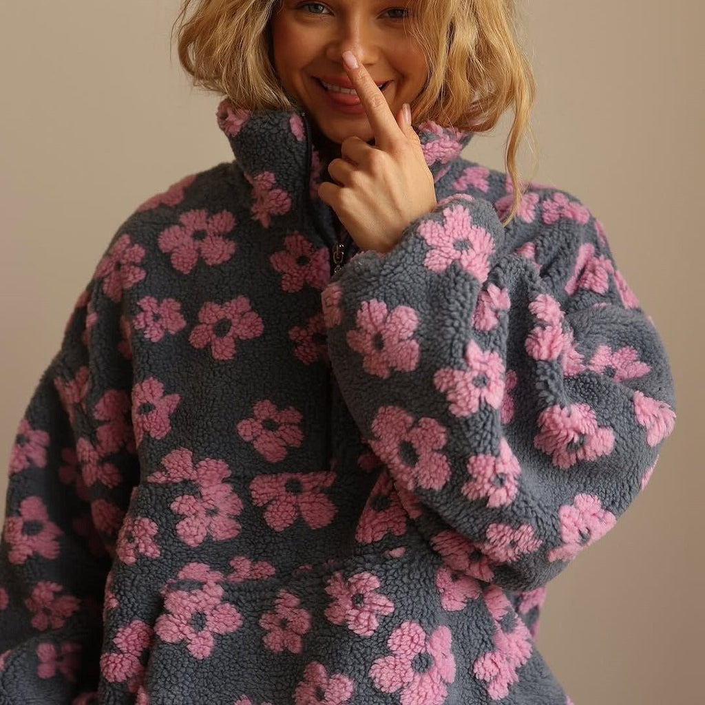 Poppy | Floral Oversized Teddy Fleece Jacket with Half-Zip for Women