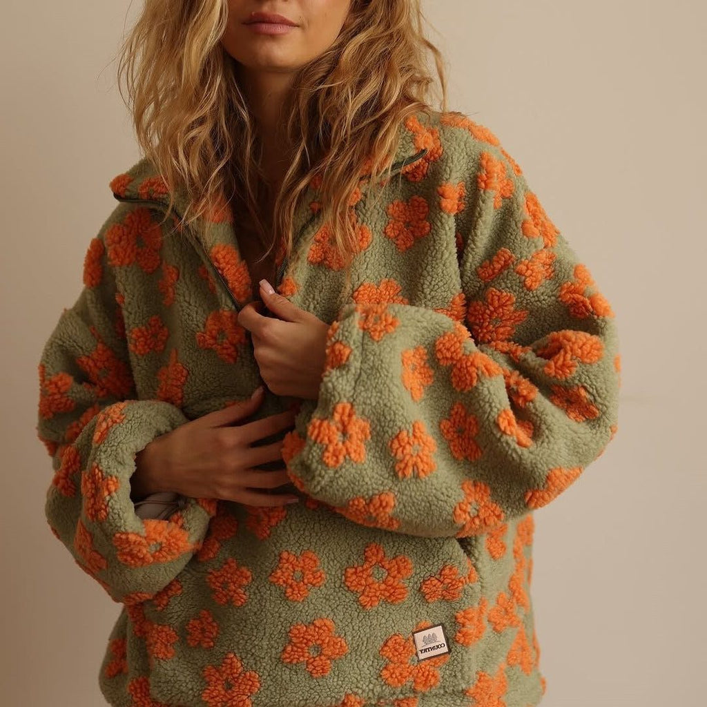 Poppy | Floral Oversized Teddy Fleece Jacket with Half-Zip for Women