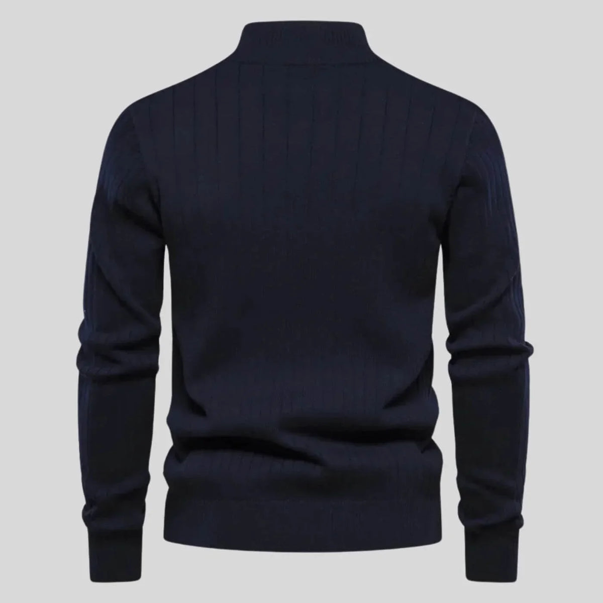 Women's ribbed stand collar half zip sweater with small chest emblem